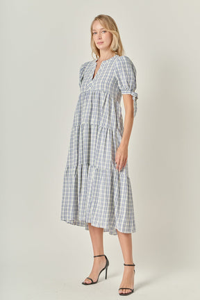 Gingham Tiered Dress with Bow-Tie Sleeves