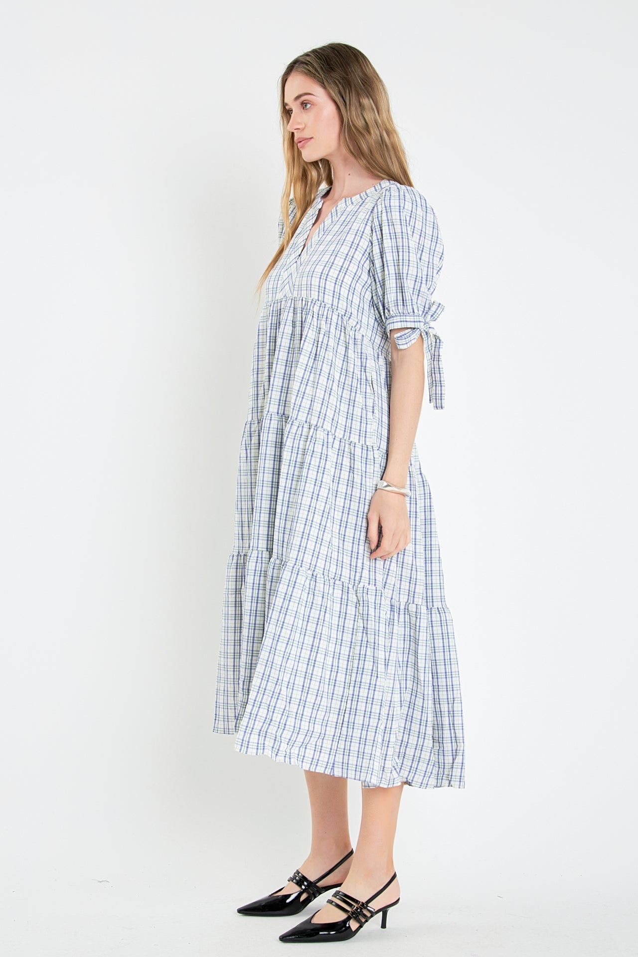 ENGLISH FACTORY - English Factory - Gingham Tiered Dress with Bow-Tie Sleeves - DRESSES available at Objectrare