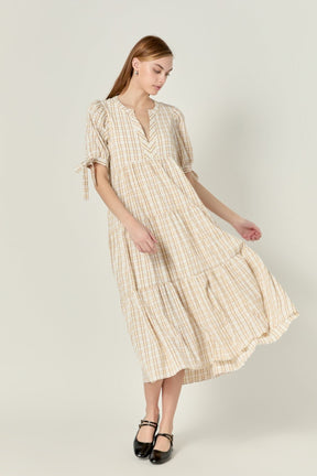 Gingham Tiered Dress with Bow-Tie Sleeves
