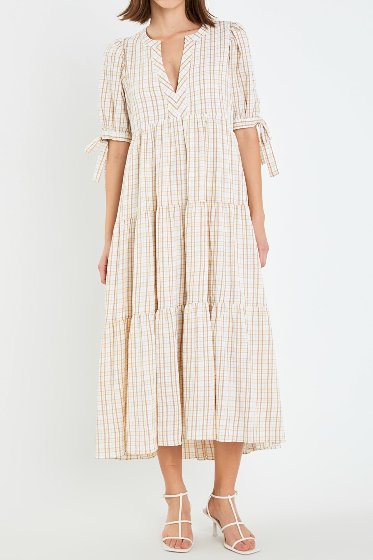 ENGLISH FACTORY - Gingham Tiered Dress with Bow-Tie Sleeves - DRESSES available at Objectrare