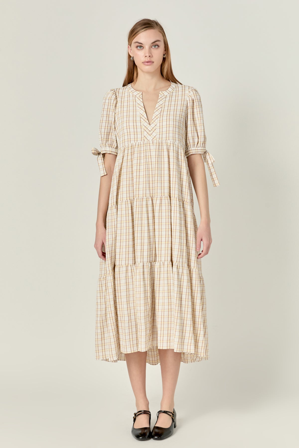 English Factory - Gingham Tiered Dress with Bow-Tie Sleeves- Final Sale