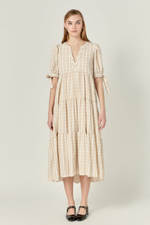 Gingham Tiered Dress with Bow-Tie Sleeves