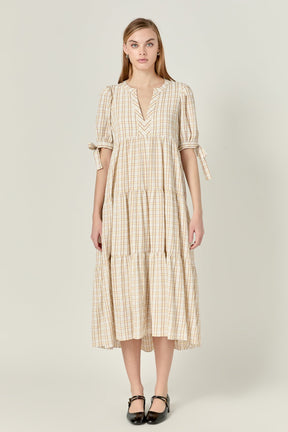 Gingham Tiered Dress with Bow-Tie Sleeves