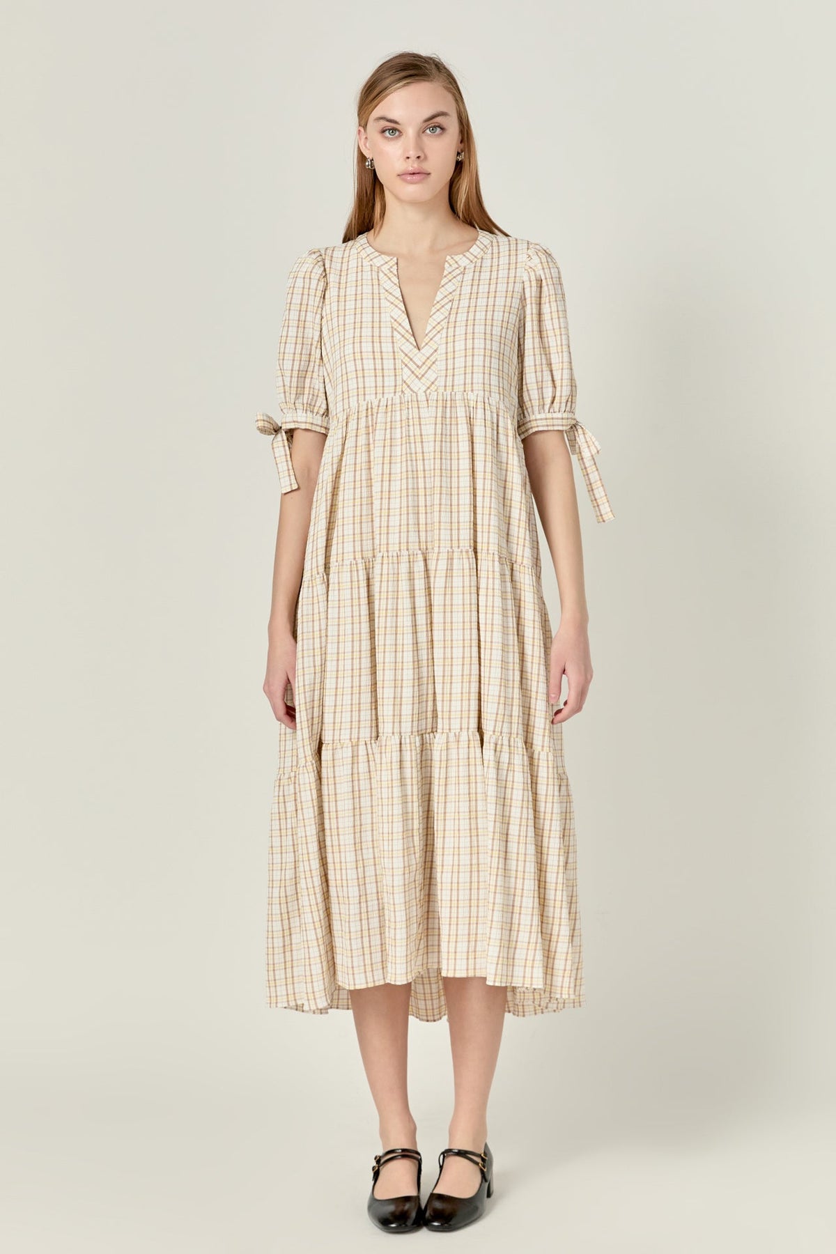 ENGLISH FACTORY - English Factory - Gingham Tiered Dress with Bow-Tie Sleeves - DRESSES available at Objectrare