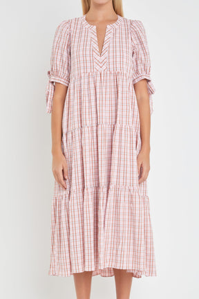 Gingham Tiered Dress with Bow-Tie Sleeves