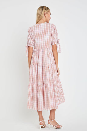 Gingham Tiered Dress with Bow-Tie Sleeves