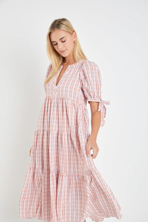 Gingham Tiered Dress with Bow-Tie Sleeves