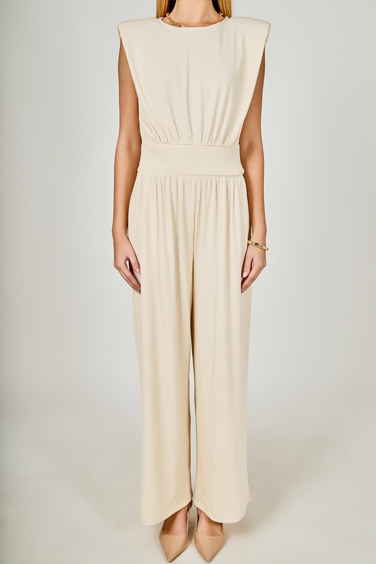 ENDLESS ROSE - Shoulder Pad Jumpsuit with Smocked Waist - JUMPSUITS available at Objectrare