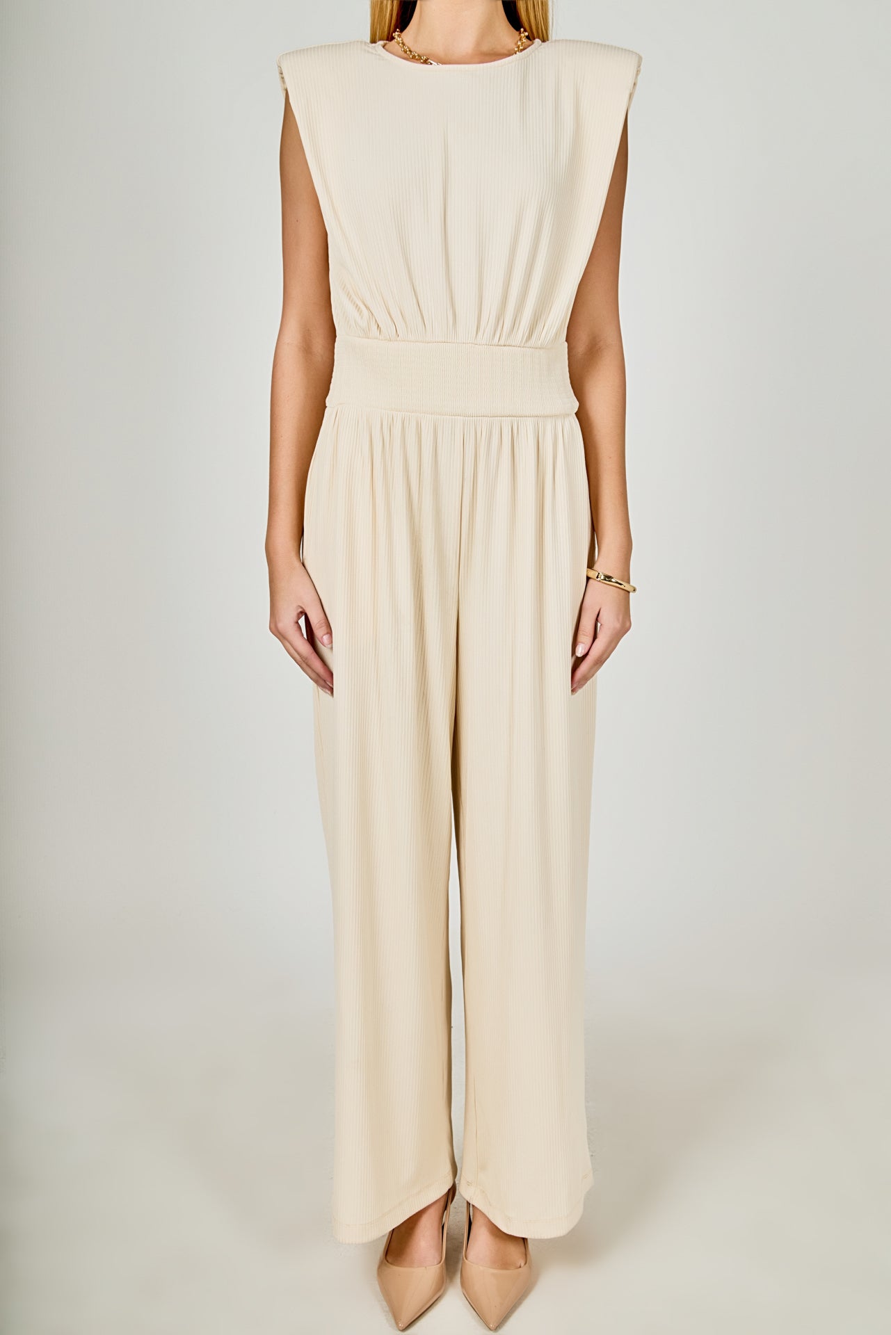 ENDLESS ROSE - Shoulder Pad Jumpsuit with Smocked Waist - JUMPSUITS available at Objectrare