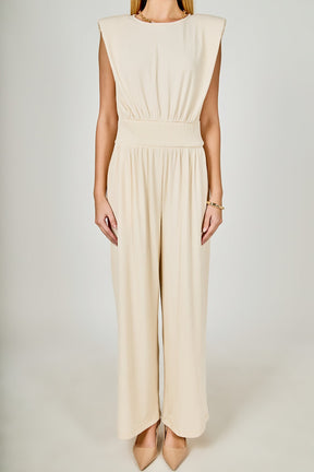 ENDLESS ROSE - Shoulder Pad Jumpsuit with Smocked Waist - JUMPSUITS available at Objectrare