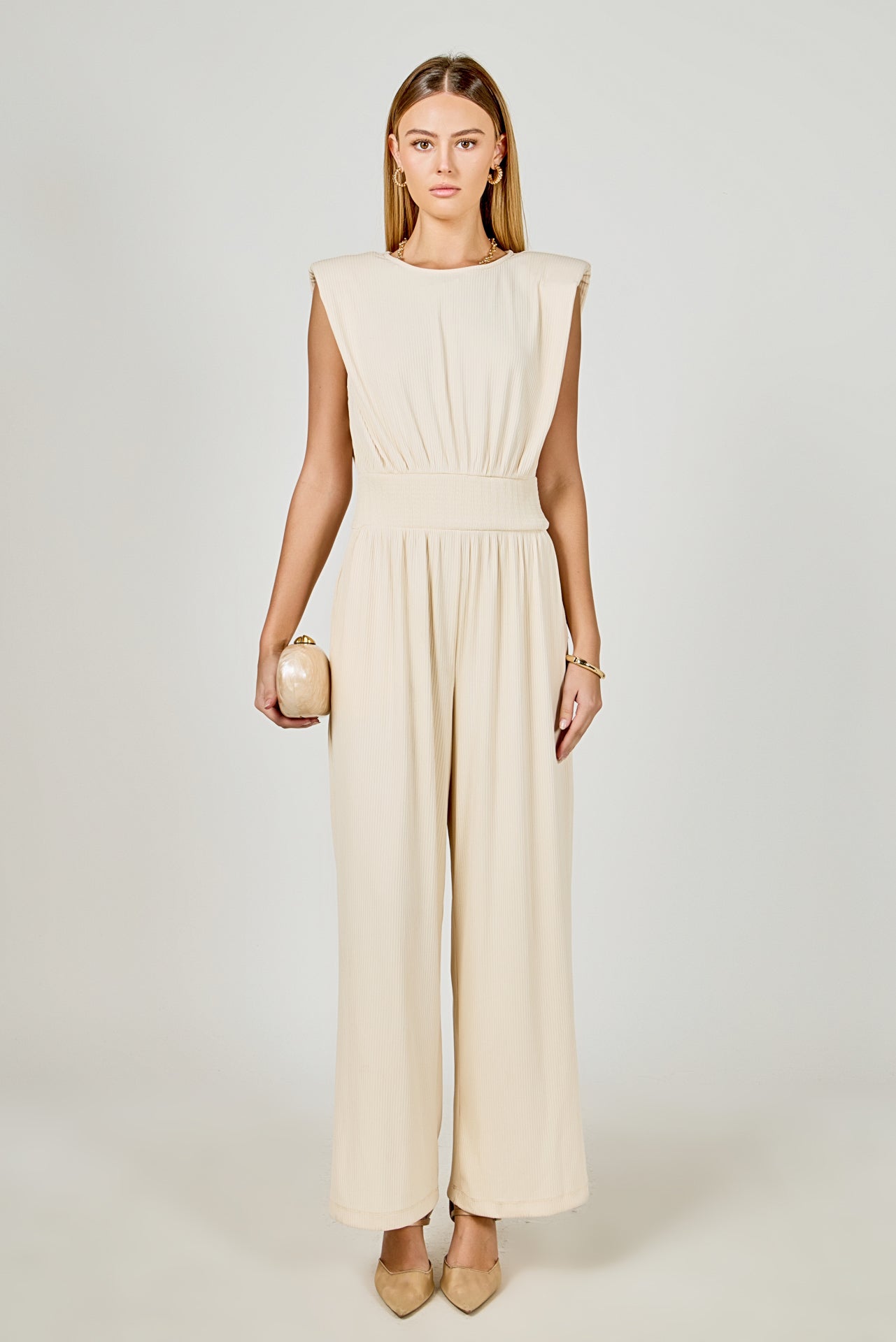 ENDLESS ROSE - Shoulder Pad Jumpsuit with Smocked Waist - JUMPSUITS available at Objectrare