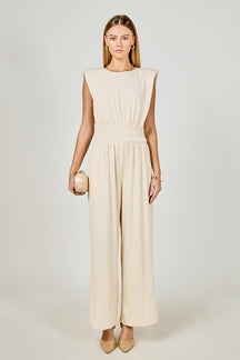 ENDLESS ROSE - Shoulder Pad Jumpsuit with Smocked Waist - JUMPSUITS available at Objectrare