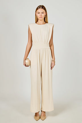 ENDLESS ROSE - Shoulder Pad Jumpsuit with Smocked Waist - JUMPSUITS available at Objectrare