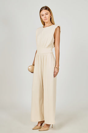 ENDLESS ROSE - Shoulder Pad Jumpsuit with Smocked Waist - JUMPSUITS available at Objectrare