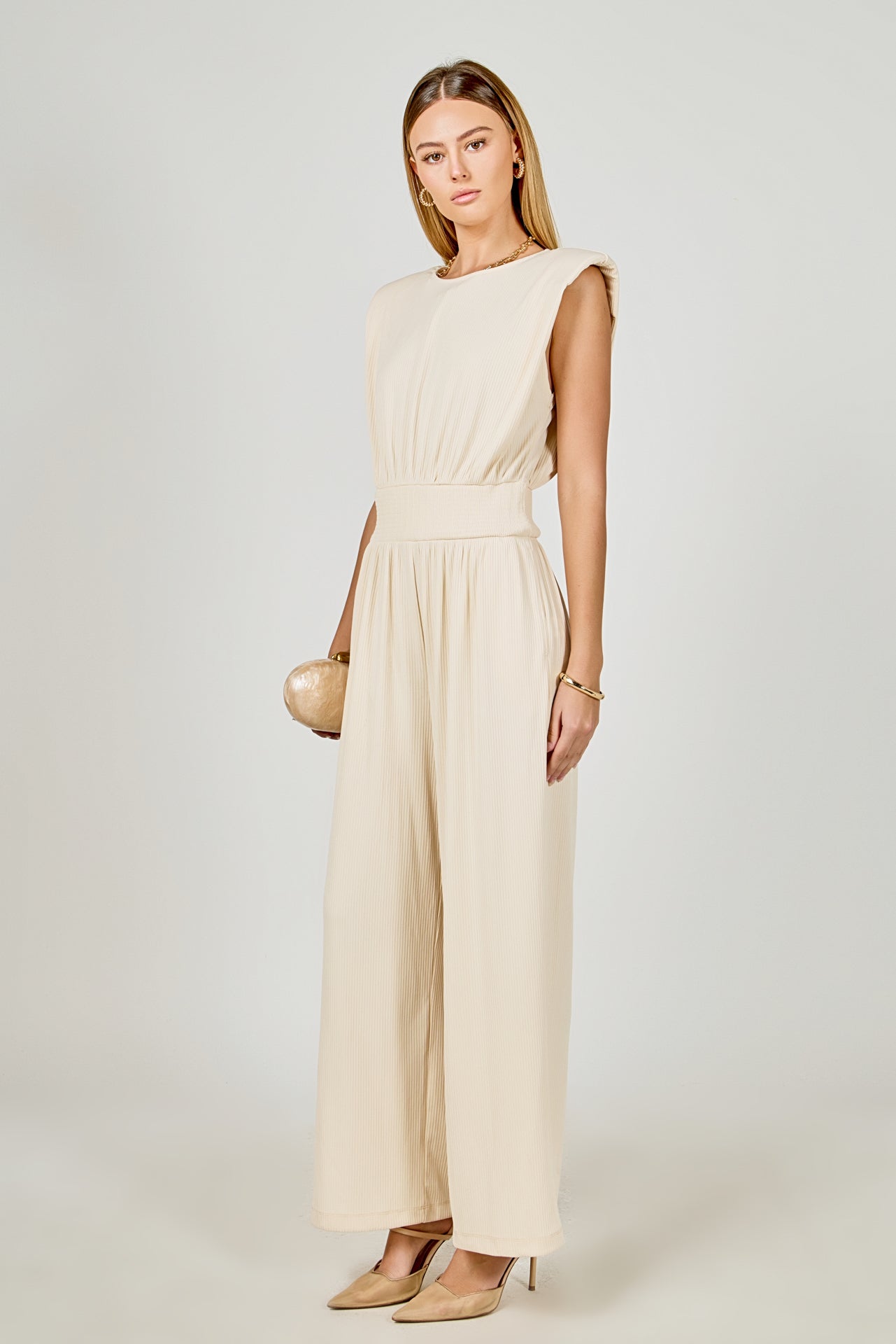 ENDLESS ROSE - Shoulder Pad Jumpsuit with Smocked Waist - JUMPSUITS available at Objectrare