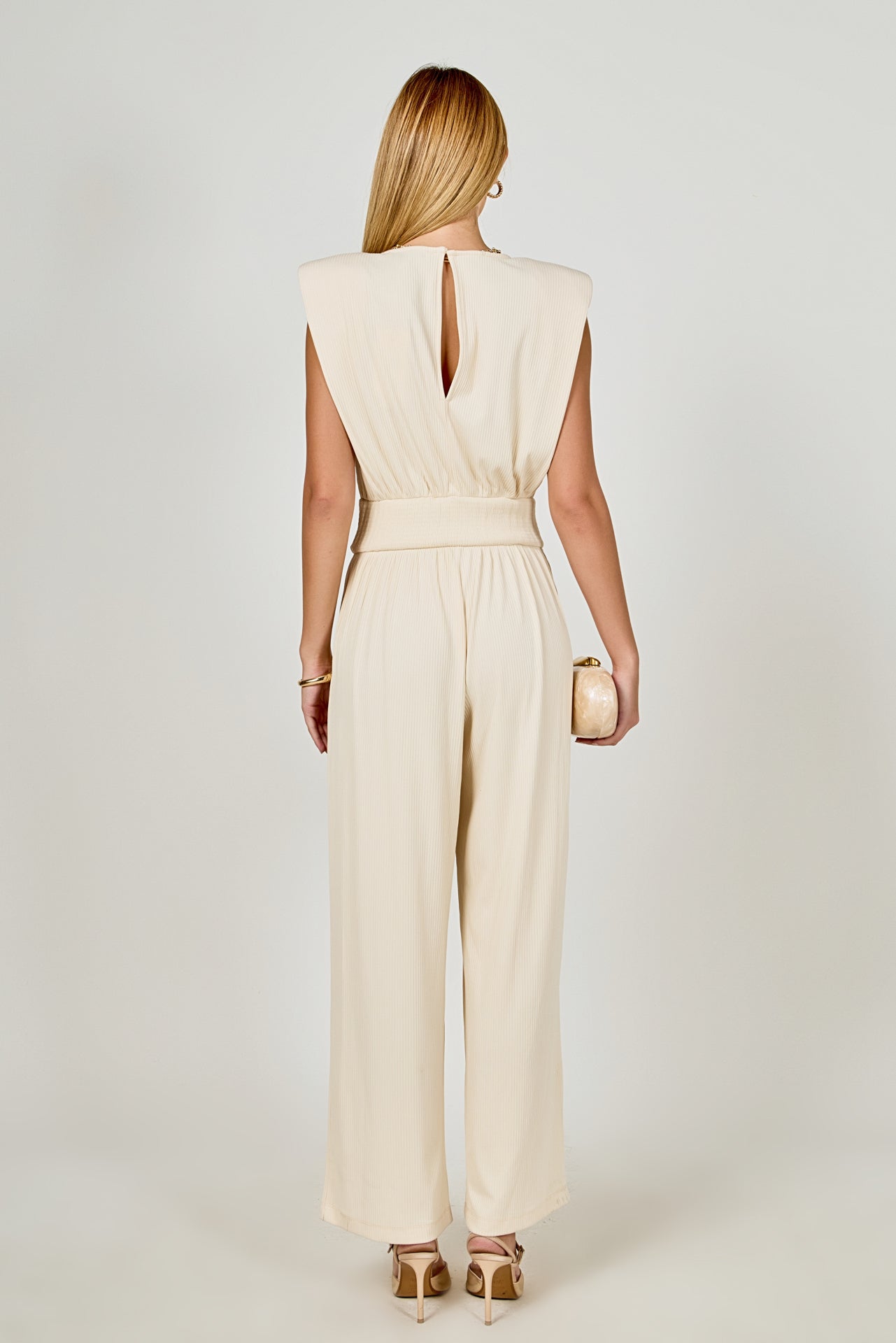 ENDLESS ROSE - Shoulder Pad Jumpsuit with Smocked Waist - JUMPSUITS available at Objectrare