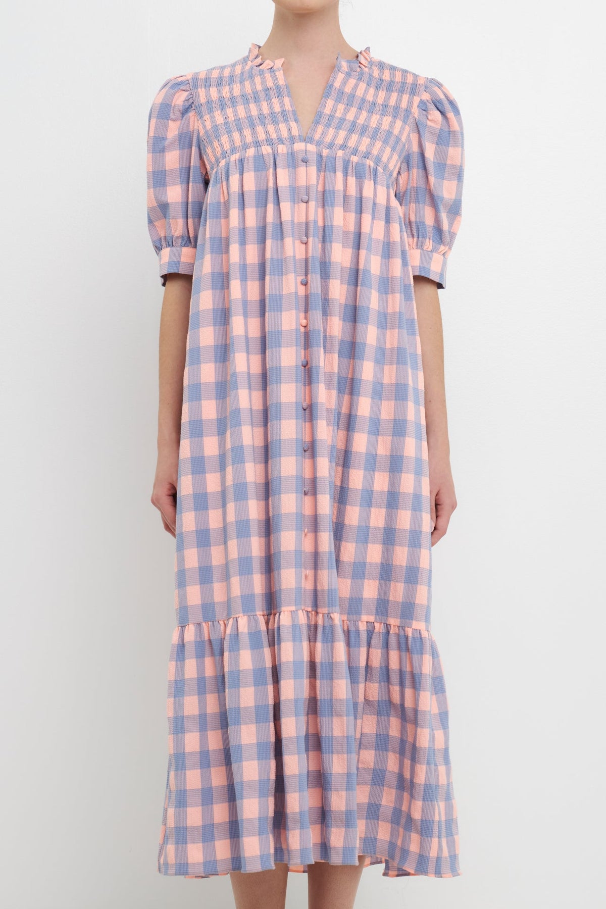 Gingham Textured Smocked Yoke Midi Dress