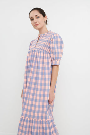 ENGLISH FACTORY - Gingham Textured Smocked Yoke Midi Dress - DRESSES available at Objectrare