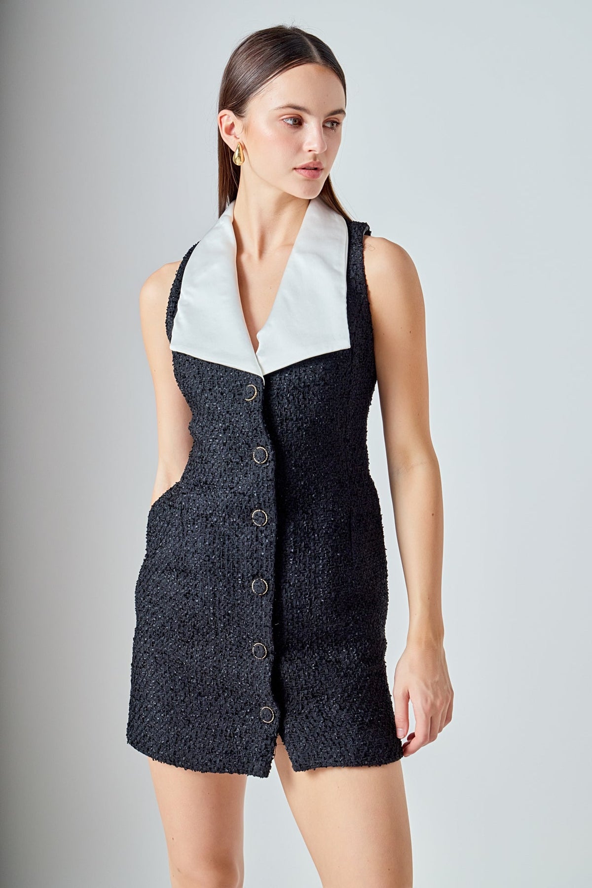 MABLE Tweed Sleeveless Button Down Mini Dress