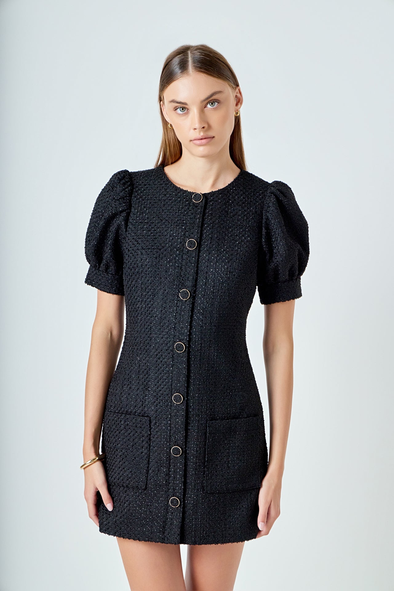 ENDLESS ROSE - Tweed Puff Sleeve Mini Dress - DRESSES available at Objectrare
