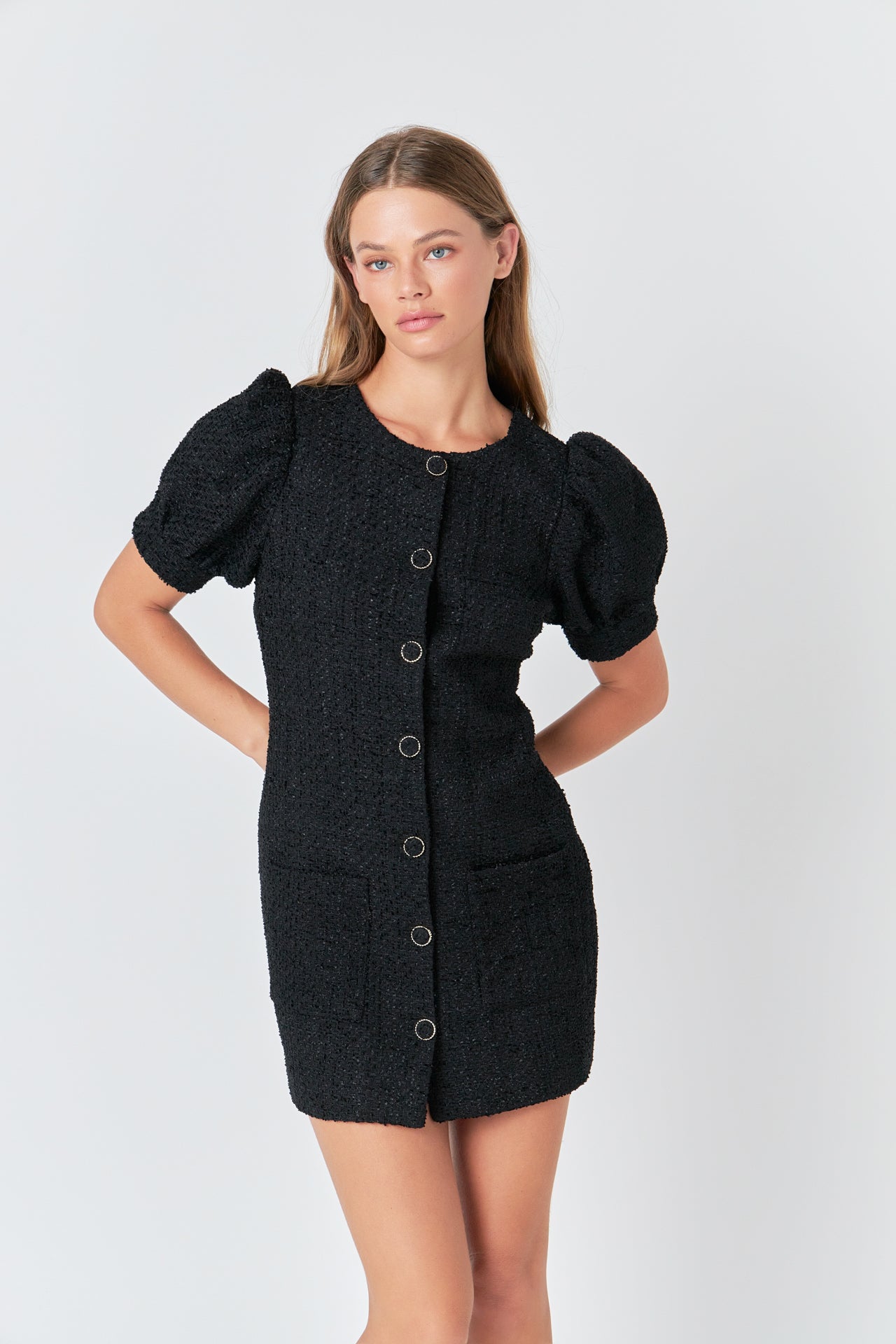 ENDLESS ROSE - Tweed Puff Sleeve Mini Dress - DRESSES available at Objectrare