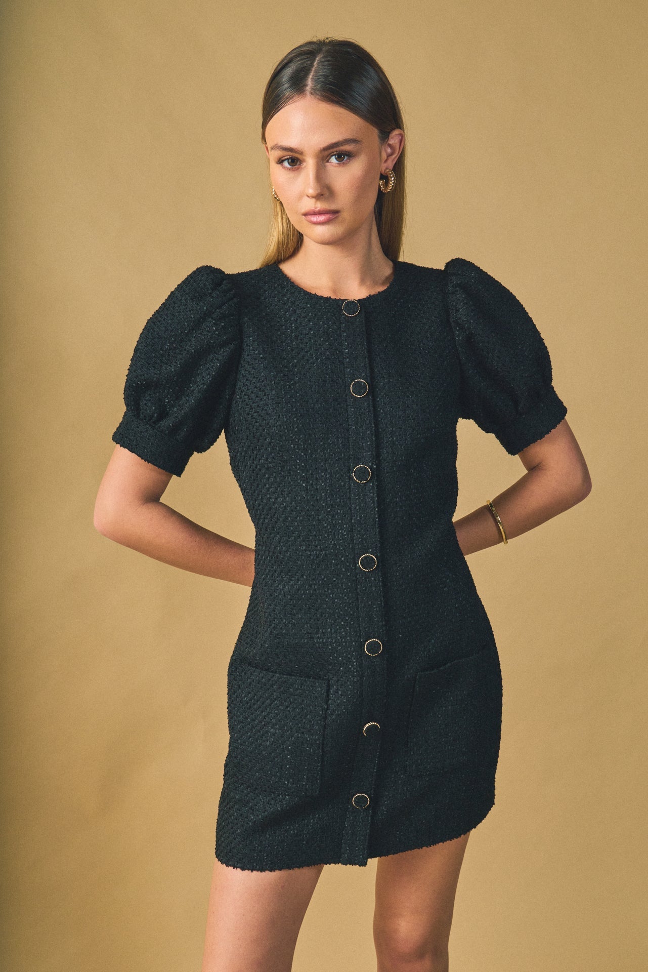 ENDLESS ROSE - Tweed Puff Sleeve Mini Dress - DRESSES available at Objectrare