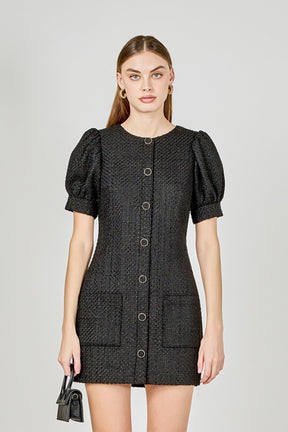 ENDLESS ROSE - Tweed Puff Sleeve Mini Dress - DRESSES available at Objectrare