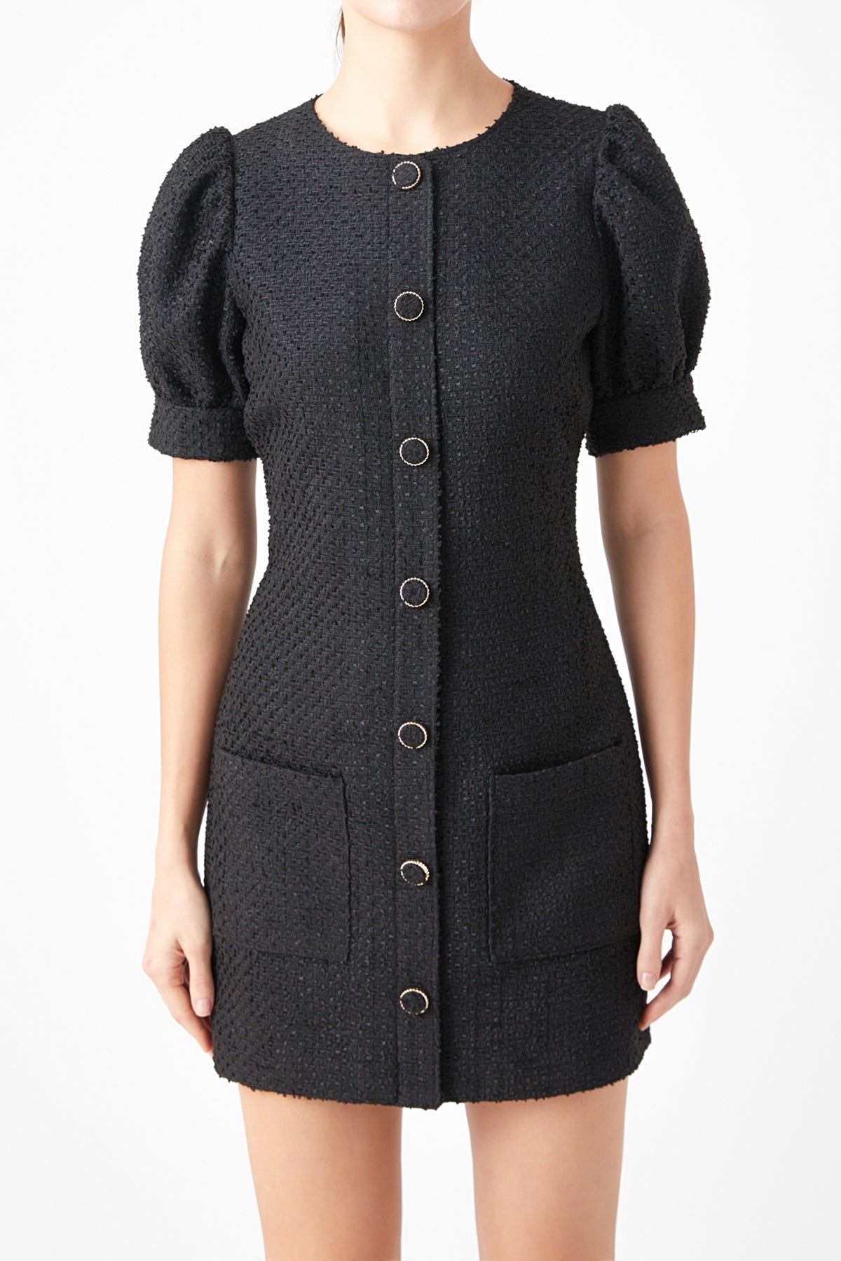 ENDLESS ROSE - Tweed Puff Sleeve Mini Dress - DRESSES available at Objectrare