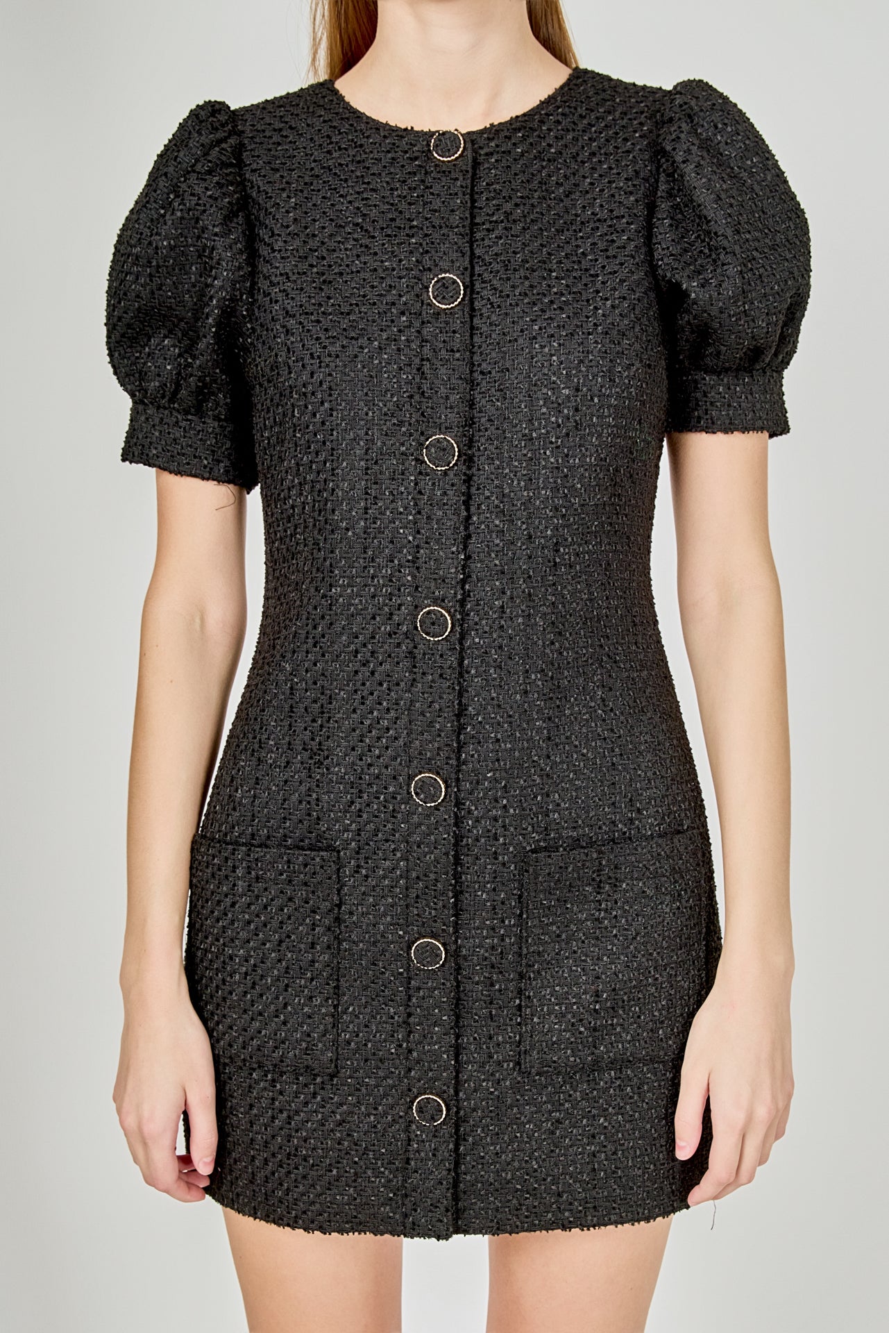 ENDLESS ROSE - Tweed Puff Sleeve Mini Dress - DRESSES available at Objectrare