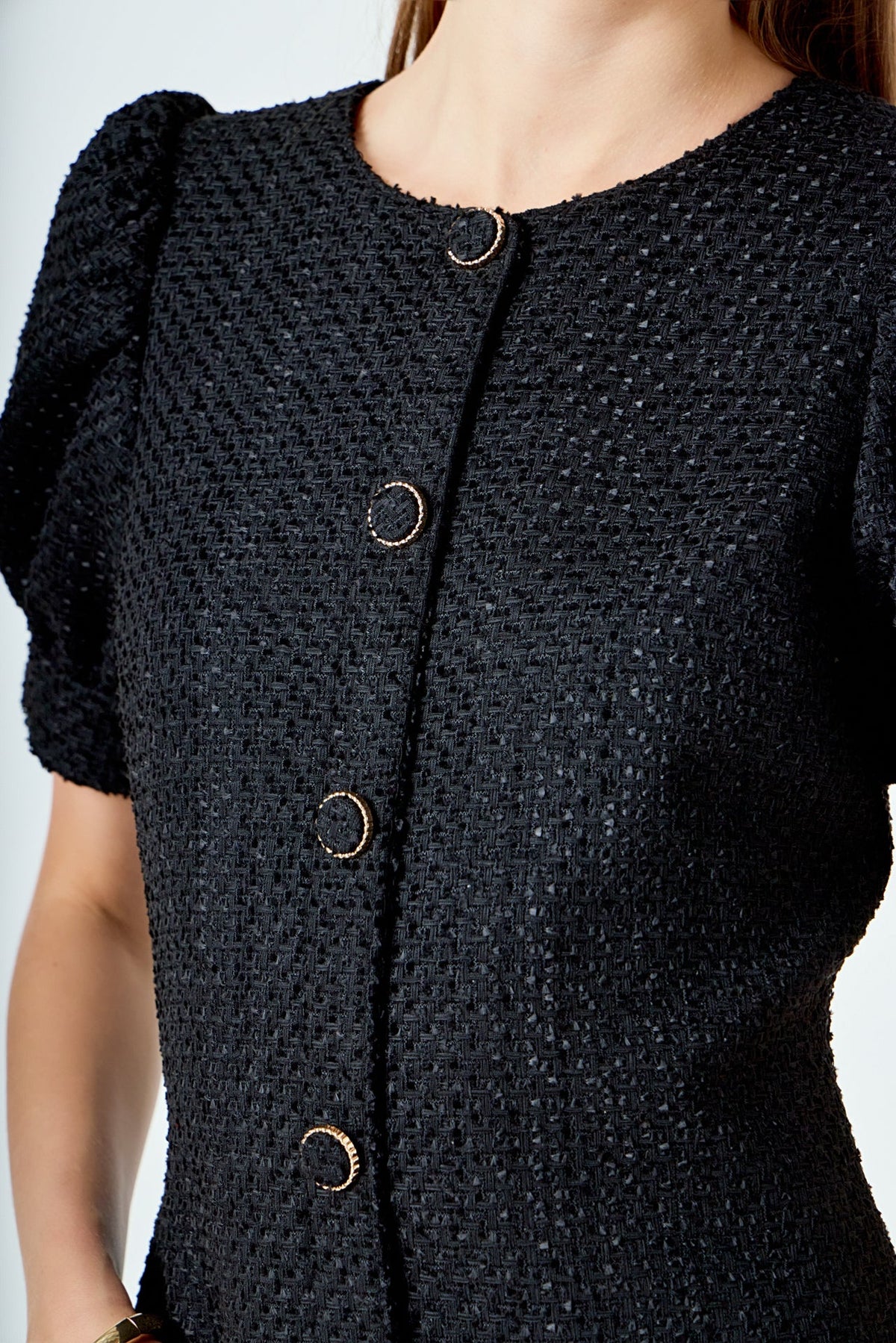 ENDLESS ROSE - Tweed Puff Sleeve Mini Dress - DRESSES available at Objectrare