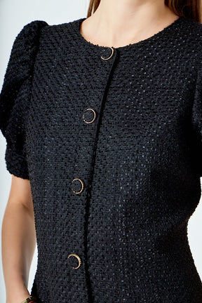 ENDLESS ROSE - Tweed Puff Sleeve Mini Dress - DRESSES available at Objectrare