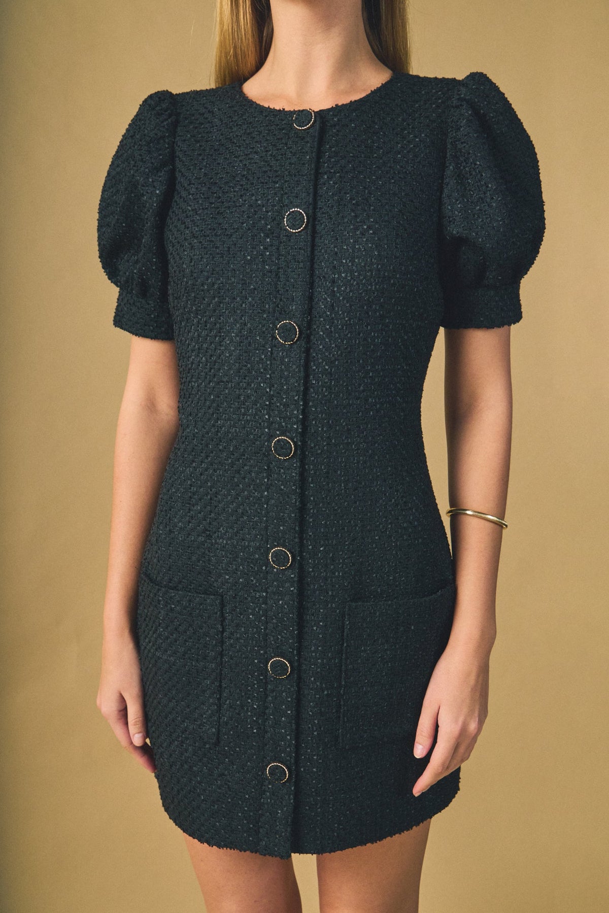 ENDLESS ROSE - Tweed Puff Sleeve Mini Dress - DRESSES available at Objectrare