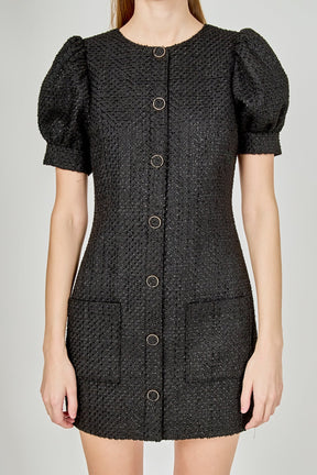 ENDLESS ROSE - Tweed Puff Sleeve Mini Dress - DRESSES available at Objectrare