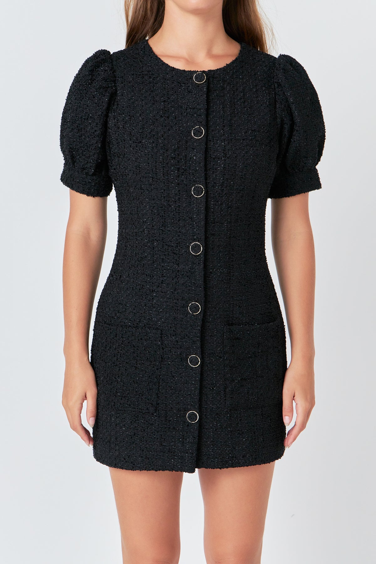 Tweed Puff Sleeve Mini Dress