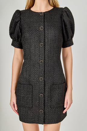 ENDLESS ROSE - Tweed Puff Sleeve Mini Dress - DRESSES available at Objectrare