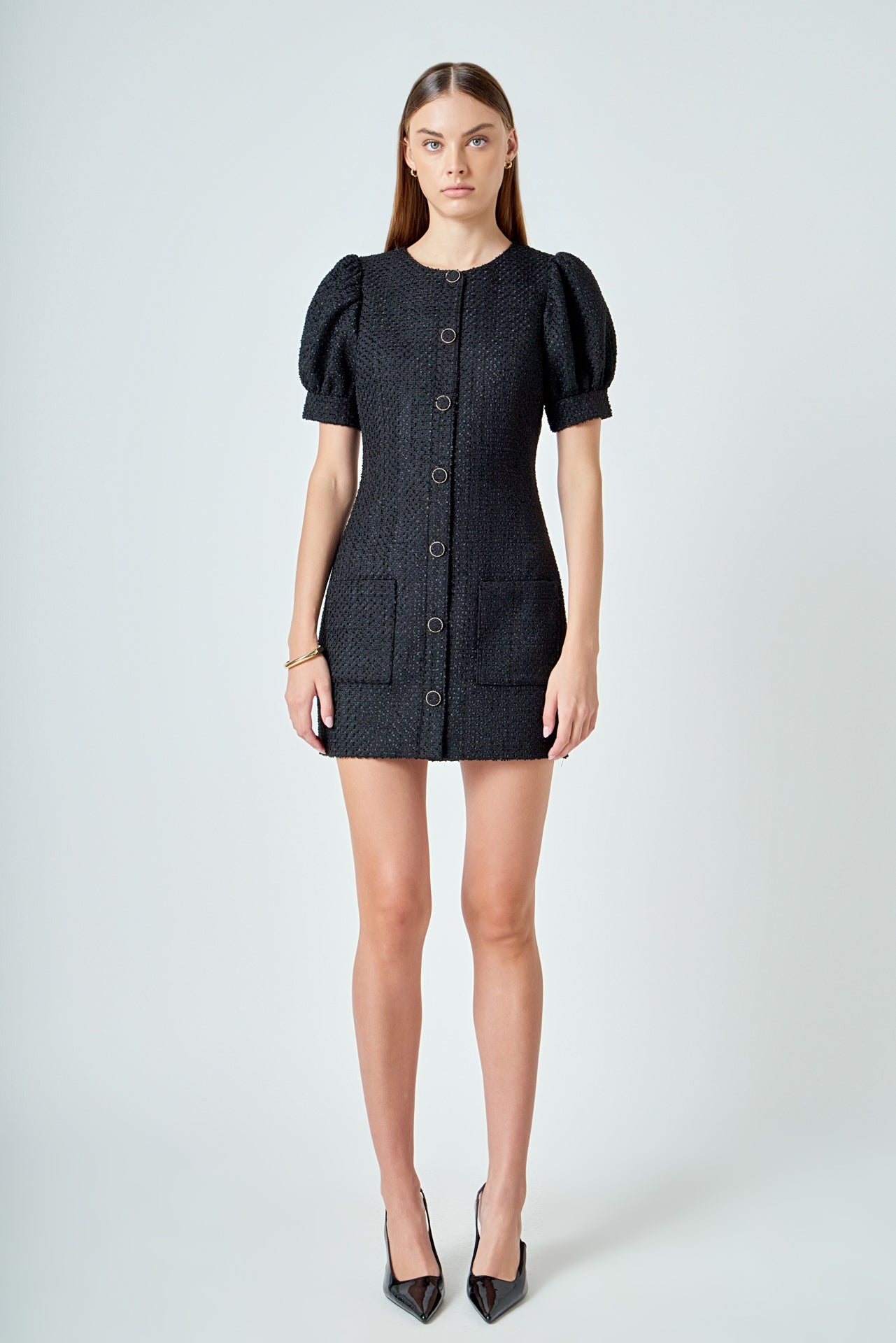 ENDLESS ROSE - Tweed Puff Sleeve Mini Dress - DRESSES available at Objectrare
