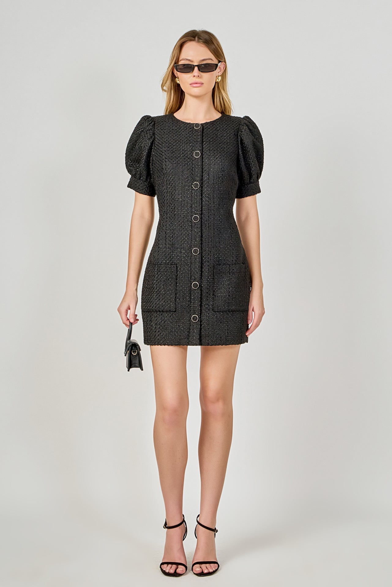 ENDLESS ROSE - Tweed Puff Sleeve Mini Dress - DRESSES available at Objectrare