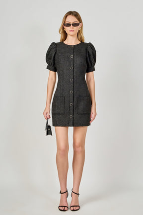 ENDLESS ROSE - Tweed Puff Sleeve Mini Dress - DRESSES available at Objectrare