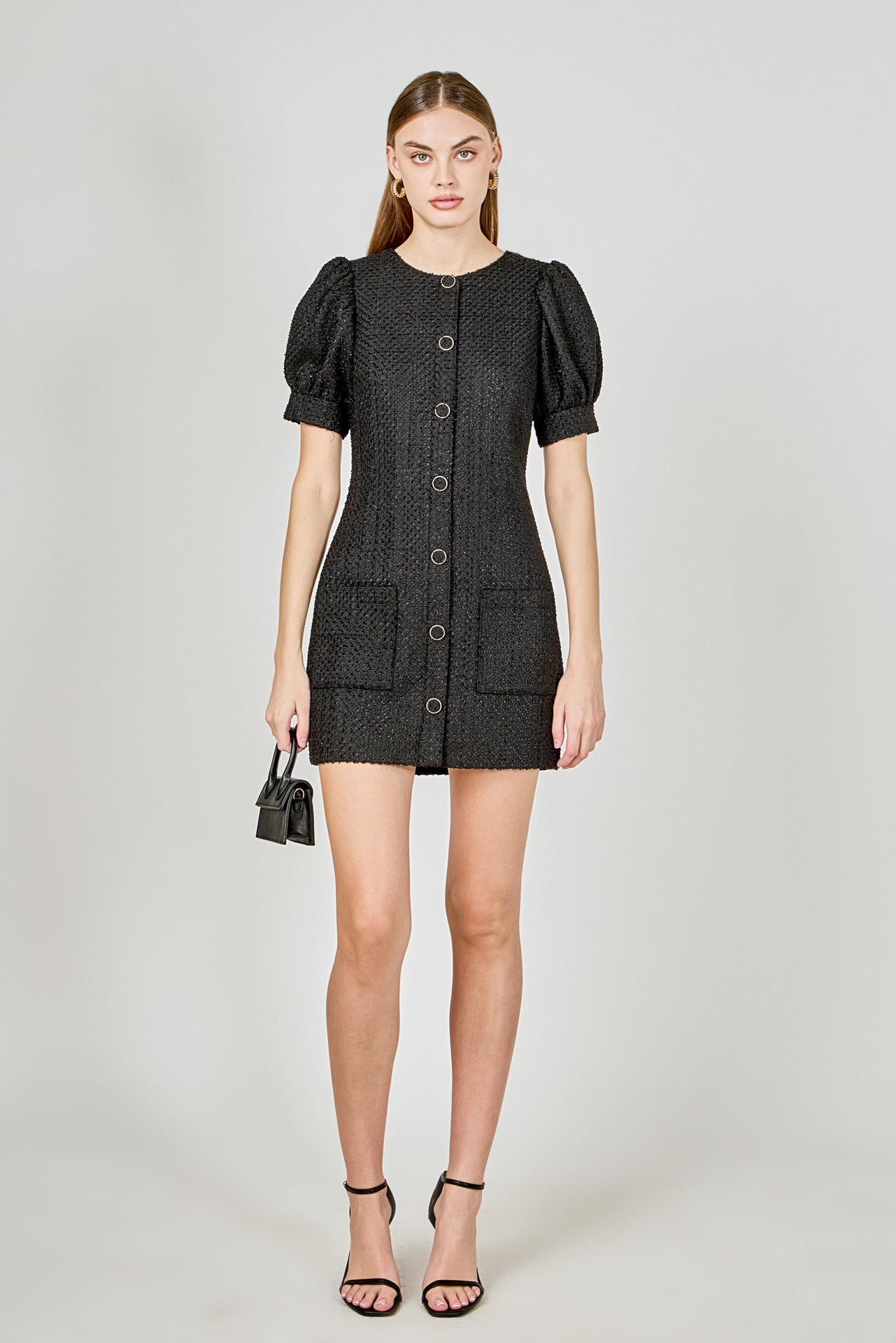 ENDLESS ROSE - Tweed Puff Sleeve Mini Dress - DRESSES available at Objectrare