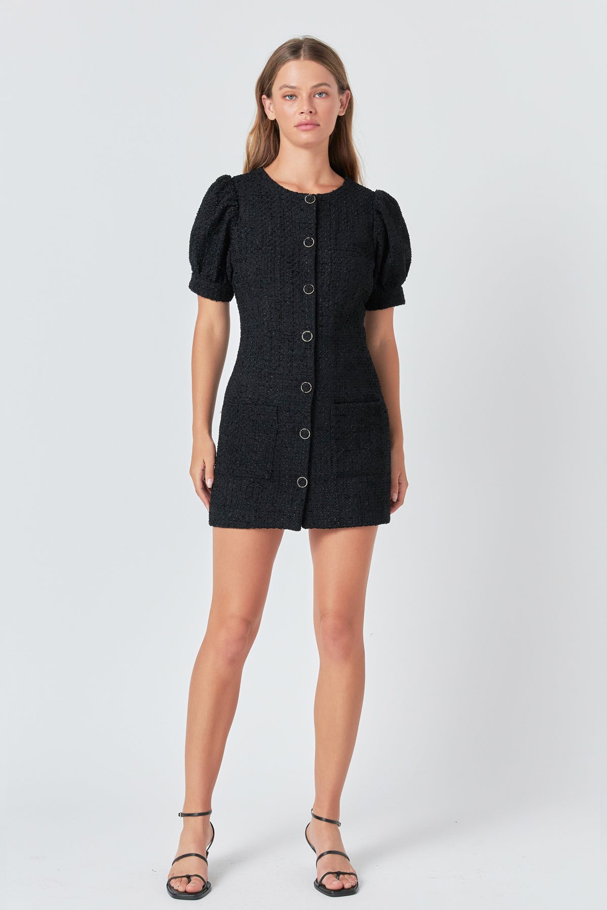 ENDLESS ROSE - Tweed Puff Sleeve Mini Dress - DRESSES available at Objectrare