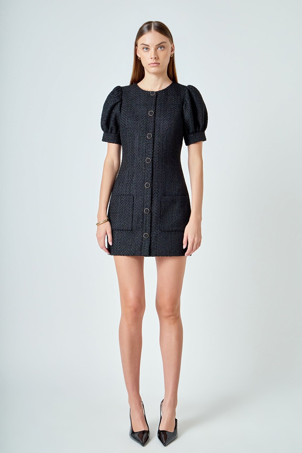 ENDLESS ROSE - Tweed Puff Sleeve Mini Dress - DRESSES available at Objectrare