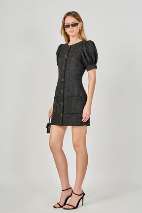 ENDLESS ROSE - Tweed Puff Sleeve Mini Dress - DRESSES available at Objectrare