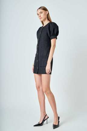 ENDLESS ROSE - Tweed Puff Sleeve Mini Dress - DRESSES available at Objectrare
