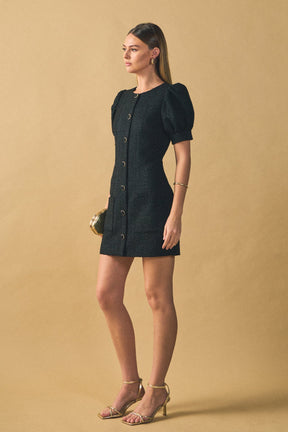 ENDLESS ROSE - Tweed Puff Sleeve Mini Dress - DRESSES available at Objectrare