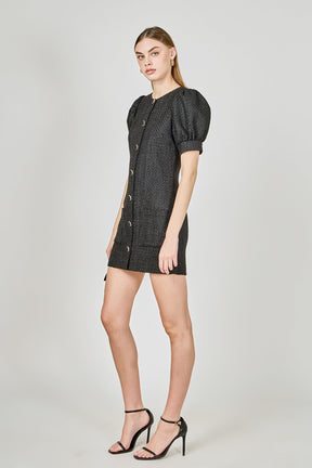 ENDLESS ROSE - Tweed Puff Sleeve Mini Dress - DRESSES available at Objectrare