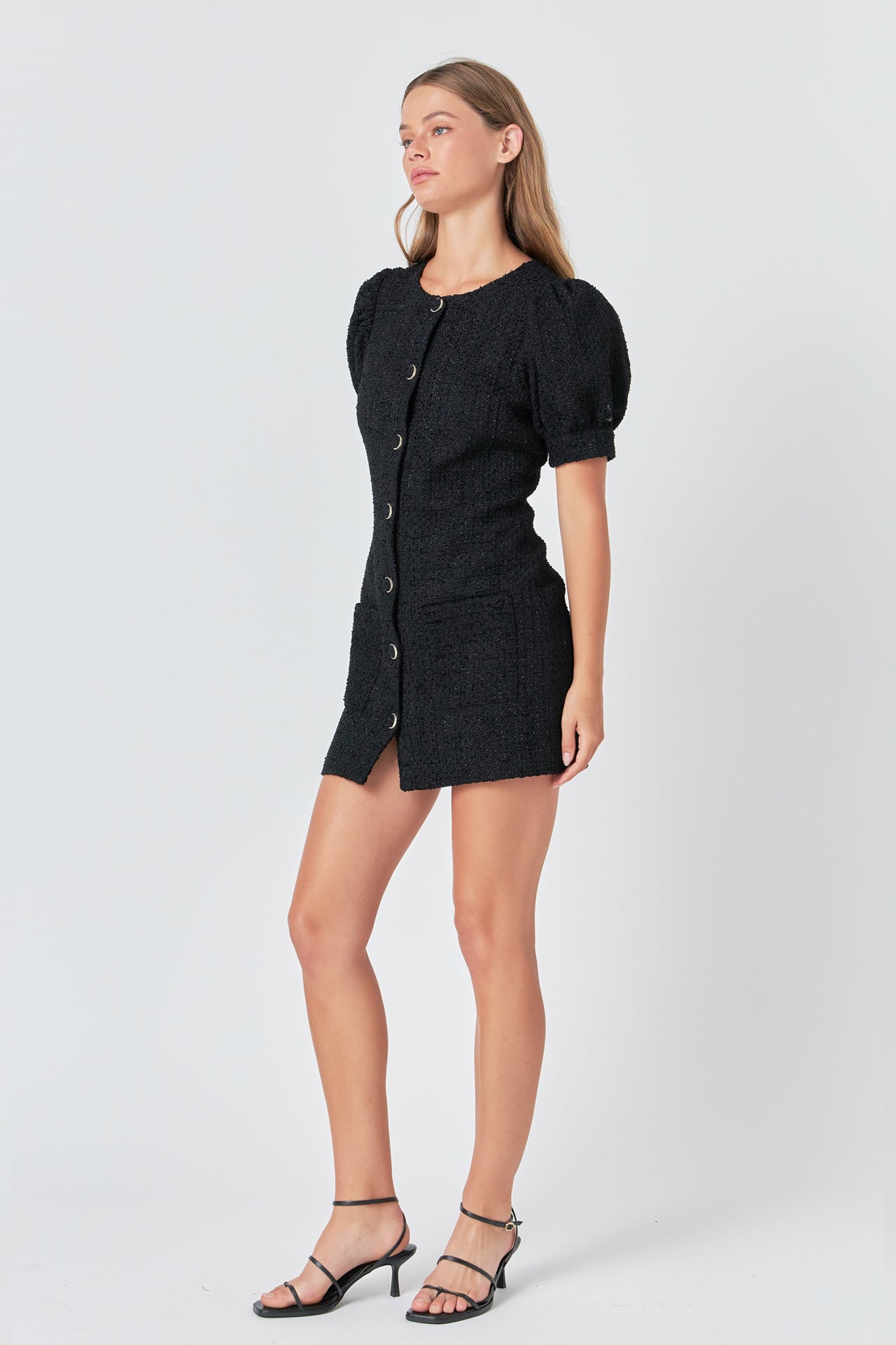 ENDLESS ROSE - Tweed Puff Sleeve Mini Dress - DRESSES available at Objectrare