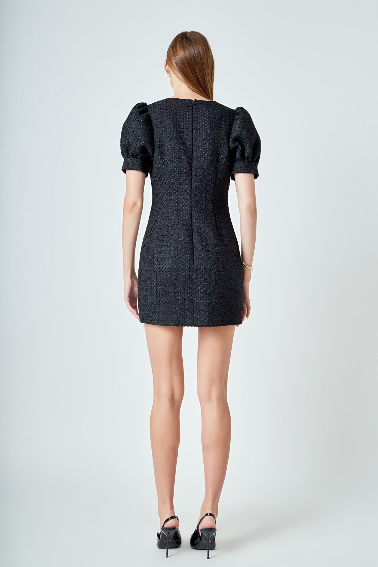 ENDLESS ROSE - Tweed Puff Sleeve Mini Dress - DRESSES available at Objectrare