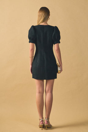 ENDLESS ROSE - Tweed Puff Sleeve Mini Dress - DRESSES available at Objectrare