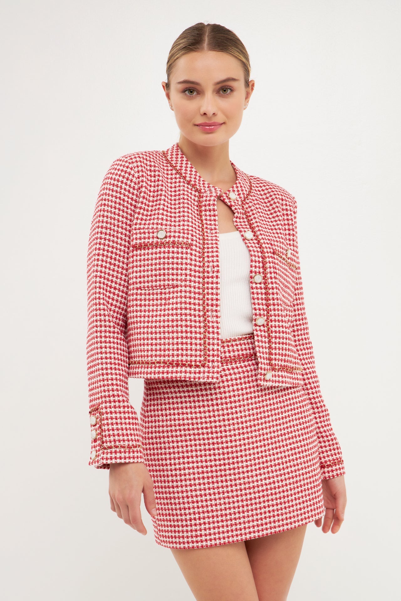 ENDLESS ROSE - Endless Rose - Gold Tweed Speckled Mini Tweed Check Blazer - BLAZERS available at Objectrare