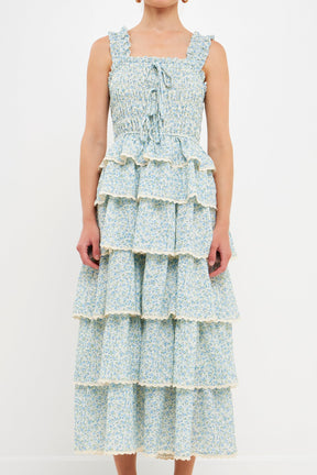 ENDLESS ROSE - Gridded Texture Floral Smocked Tiered Maxi Dress - DRESSES available at Objectrare